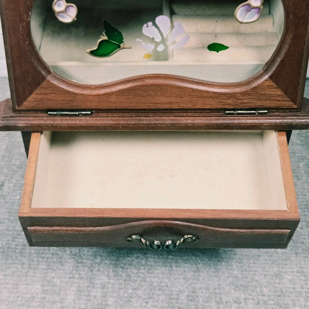 Vtg Wood Jewelry Box Stained Glass Floral Inlay 2 Drawers Ring Organizer Brown